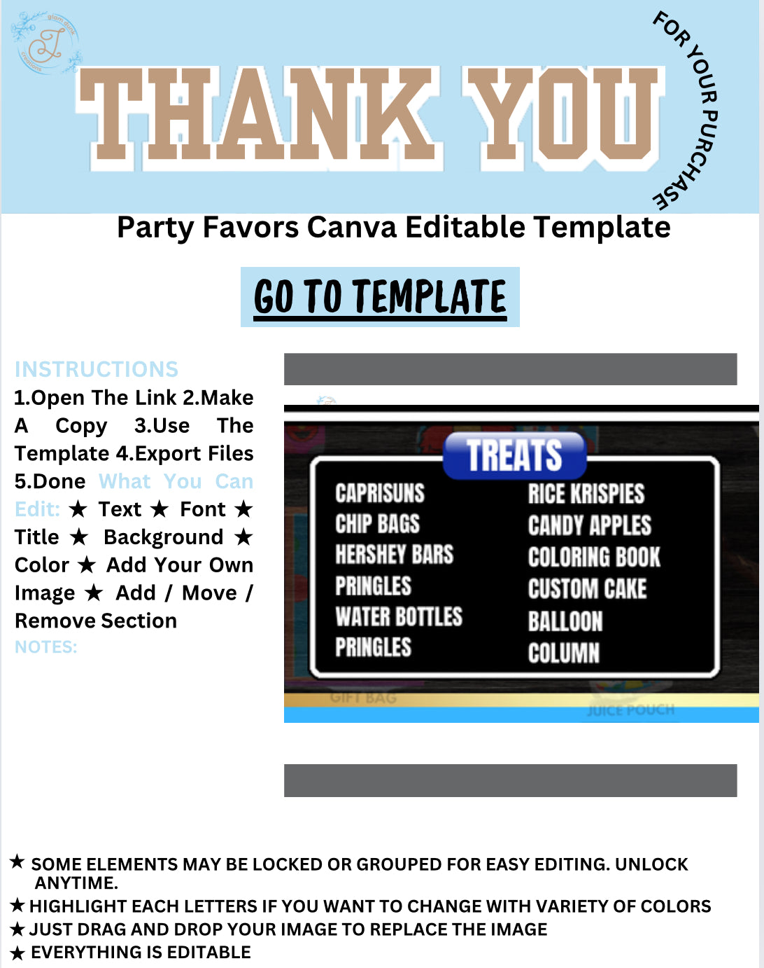 Editable Digital Party Favor Price List